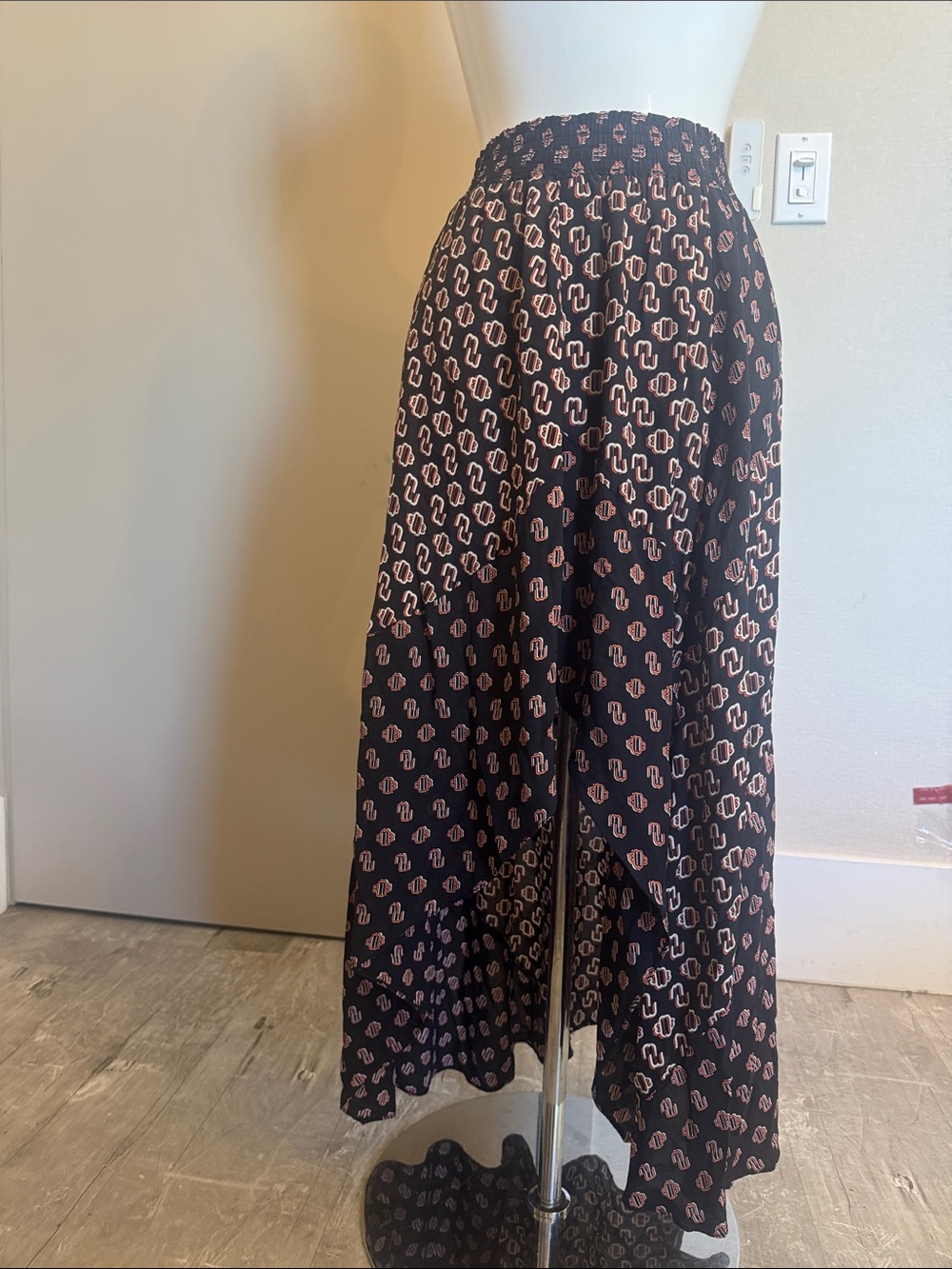 Maje Black High Low Skirt with Orange and Cream Graphic Print